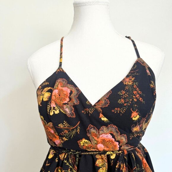 URBAN OUTFITTERS DAKOTA BLACK ORANGE FLORAL RACERBACK WRAP PEPLUM TOP - L - Picture 4 of 10